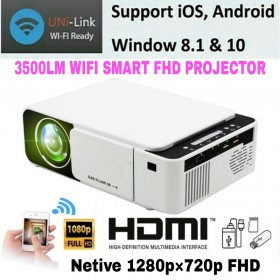 T6 WIFI MIRACAST 3500LM 1280P HD SMART HOME THEATER LED PROJECTOR USB HDMI. VGA AV SD TV AUX OUT DOOR CINEMA WHITE COLOR